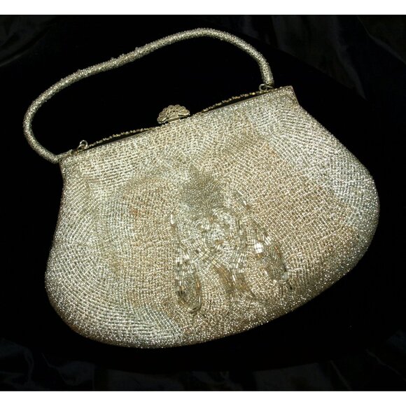 Antique Beaded Purse Heavily Beaded with Silvered Mercury Glass Beads Silver - Picture 10 of 12